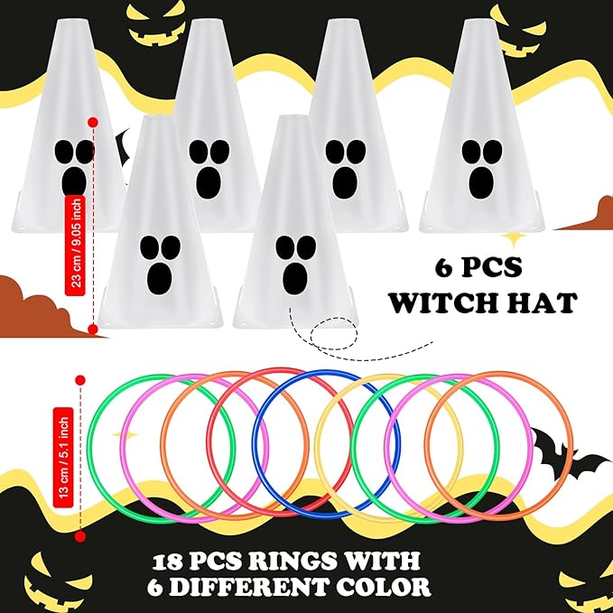 24 PcsHalloween Ring Toss Game Outdoor Carnival Party Games Include 6 Plastic Cones 18 Toss Rings for Halloween Party Games Indoor Outdoor Yard Activities
