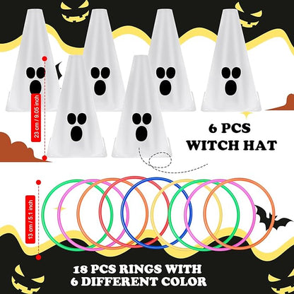 24 PcsHalloween Ring Toss Game Outdoor Carnival Party Games Include 6 Plastic Cones 18 Toss Rings for Halloween Party Games Indoor Outdoor Yard Activities