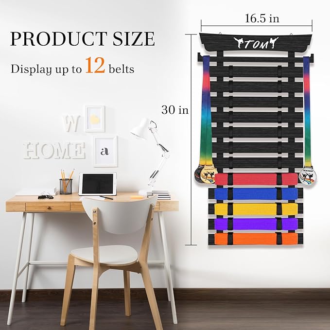 12 Belts Karate Belt Display Rack with Stickers, Martial Arts Belt Display Holder, Taekwondo Belt Display, Jiu Jitsu BJJ Belt Display Hanging Holder for Kids and Adults Gifts