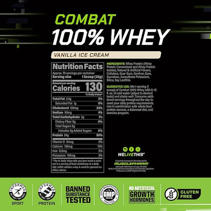 MusclePharm Combat 100% Whey Protein Powder, Vanilla Flavor, Fast Recovery & Muscle Gain with Whey Protein Isolate, High Protein Powder for Women & Men, Gluten Free, 5 lb, 70 Servings