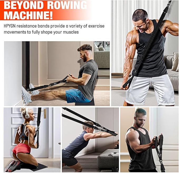 HPYGN Rowing Resistance Bands, Best Replacement for Rowing Machine, Home Gym Workout Equipment for Back, Arms, Shoulders, Core, Glutes and Legs, Rowing Workout, Cardio, Low-Impact, Portable Home Gym