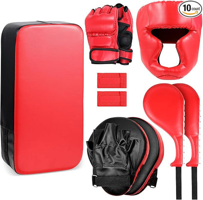 10 In1 Punching Mitts Kick Pad Set Taekwondo Pads Boxing Mitts Focus Pads Boxing Gloves Safety Head Guard Wrist Band for Kickboxing, Karate, Muay Thai, MMA Training