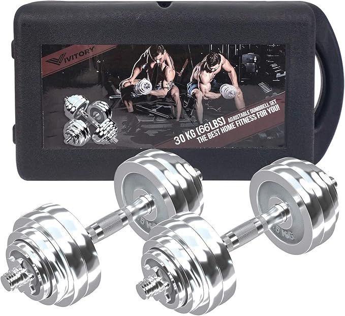 VIVITORY Fitness Dumbbells Set, Adjustable Weight Sets up to 11/22/44/66/110 lbs, with Metal Connecting Rod Used As Barbell, Chromed Weights, Hardcover Gift Box, Home Gym Work Out Training Equipment