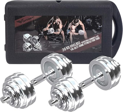 VIVITORY Fitness Dumbbells Set, Adjustable Weight Sets up to 11/22/44/66/110 lbs, with Metal Connecting Rod Used As Barbell, Chromed Weights, Hardcover Gift Box, Home Gym Work Out Training Equipment