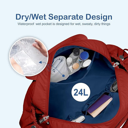 TOPDesign Travel Duffel Bag for Women, Puffer Gym Bag Sports Tote with Wet Pocket, Carry On Weekender with Luggage Sleeve (Maroon)