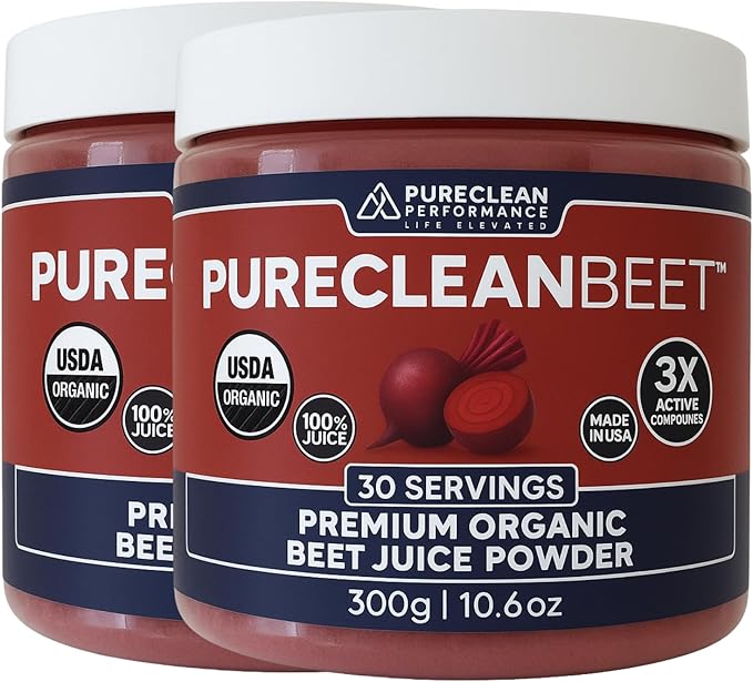 PureClean Organic Beet Juice Powder - Nitric Oxide Supplement - 100% USA Grown Beets - Organic Beet Root Powder 30 Servings, 300g (2 Jars 60 Servings)