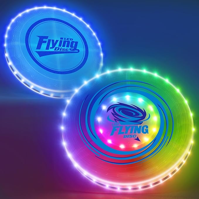 2 Pack Light up Flying Discs for Kids, Rechargeable Disc with 45 LEDs, 14 Lighting Modes(10") & Built-in Battery Disc(7.8"), Glow in The Dark Flying Ring for Beach/Summer Camping/Outdoor Sport