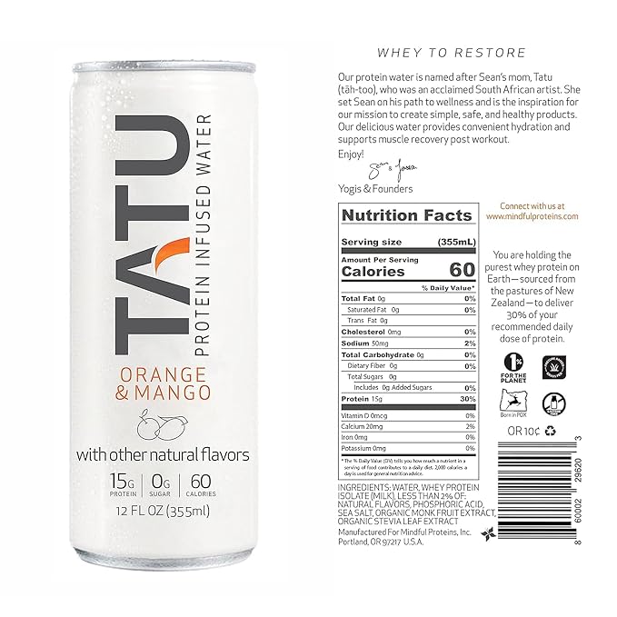 TATU Ready-To-Drink Protein Infused Water Orange Mango 12 Pack. 15 grams of whey protein isolate, 0 grams of sugar, only 60 calories. Lemon Ginger and Orange Mango. Gluten Free, lactose free.…