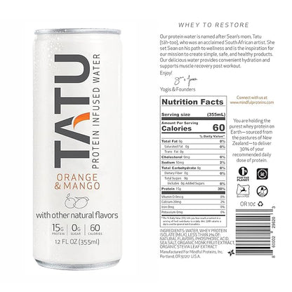 TATU Ready-To-Drink Protein Infused Water Orange Mango 12 Pack. 15 grams of whey protein isolate, 0 grams of sugar, only 60 calories. Lemon Ginger and Orange Mango. Gluten Free, lactose free.…