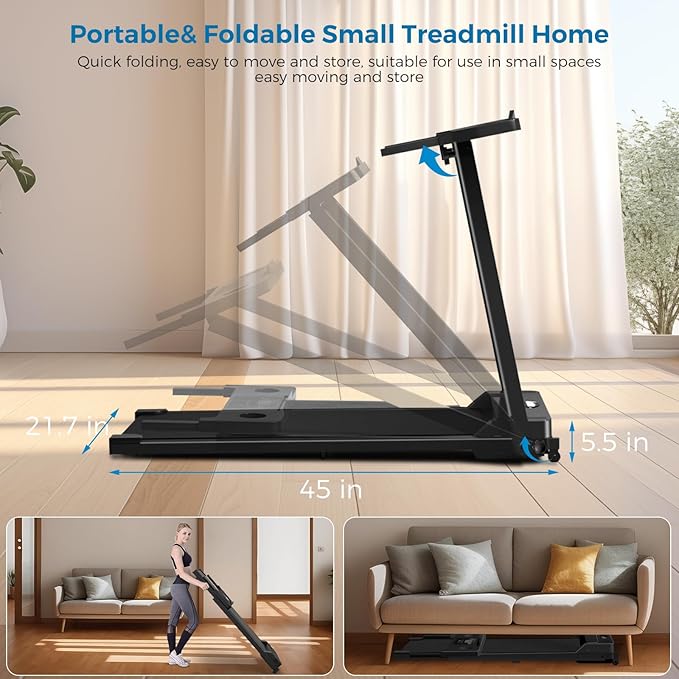 Treadmill with Handles, 2025 Upgraded Small Treadmills Home, Portable Electric Treadmills for Home 300 lbs Capacity,Walking Pad Treadmill,Lightweight Folding Foldable Walking Pad with LED Display
