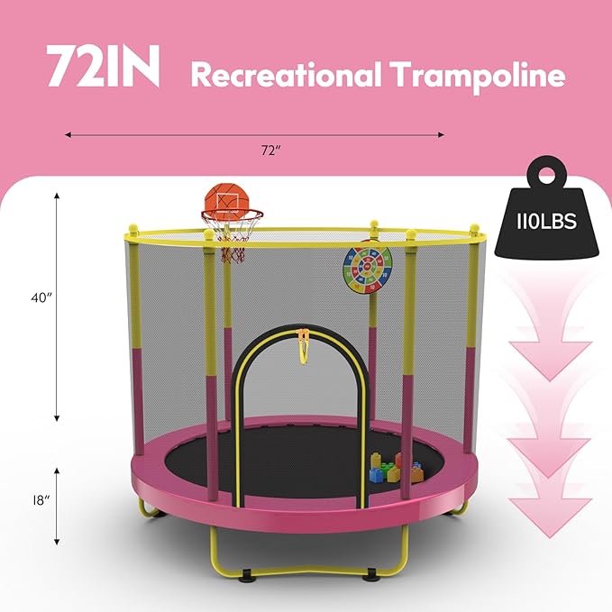 72" Trampoline for Kids with Net,6 FT Indoor & Outdoor Small Toddler Trampoline with Basketball Hoop & Dart Board for Ages 1-8, Birthday Gifts for Boys & Girls, Baby Toddler Christmas Toys