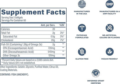 Revive MD Omega 3 Fish Oil Supplements for Men & Women - Omega 3 Softgels with EPA & DHA Fatty Acids for Healthy Skin & Joints, Heart & Brain Support - Vegan-Friendly, Gluten-Free - 120 Softgels