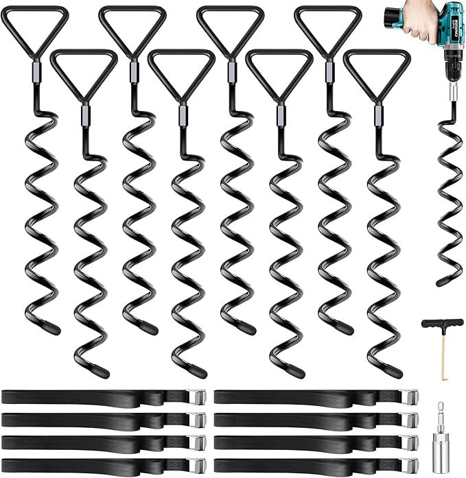 Trampoline Stakes Heavy Duty Trampoline Anchors Kit, Spiral Screw In Ground Anchors with Straps, Earth Anchors Earth Anchors Swing Set Anchors for Trampoline