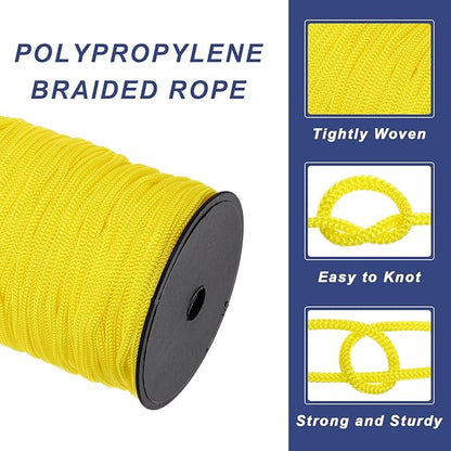MECCANIXITY 3/16 Inch Polypropylene Rope Braided Ropes, 328ft Nylon Rope Hollow Utility Cord for Clothesline, Camping, Hiking, Outdoor, Yellow