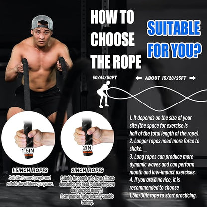 Perantlb Battle Rope With Wear-Resistant Nylon Protective Sleeve - Heavy Battle Rope for Strength Training, Home Fitness Exercise - Anchor Strap Kit Included