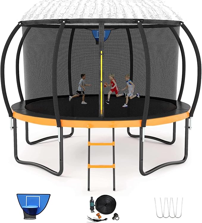 Trampoline 12FT 14FT 15FT 16FT for Kids/Adults - Outdoor Recreational with Enclosure Net Curved Poles and Ladder, Heavy Duty Anti-Rust Coating, ASTM Approval