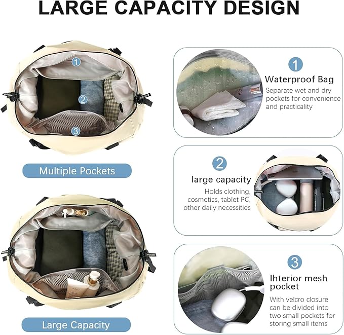 Gym Bag for Men Women, Tactical Travel Duffel bag with Removable Dividers & Shoe Compartment, Weekender Carry on Bag with Toiletry Bag, Overnight Range Bag for Workout Soccer Yoga Gym (White)