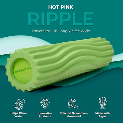 Oceanfoam Ripple Travel Foam Roller (11" x 3.35") Firm Mini Foam Roller for Physical Therapy, Deep Tissue Massage, Back Pain - High Density, Ergonomic Wave Textured - Yoga, Exercise (Algae Green)