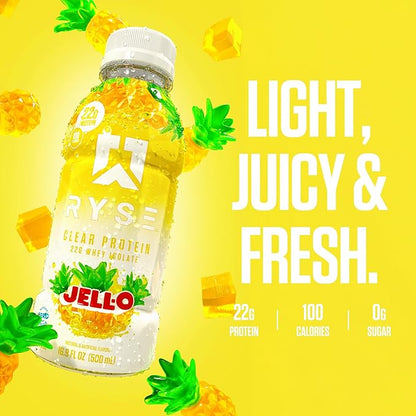 RYSE Clear Protein Shake - Jell-O Island Pineapple - 100 Calories, 22g Whey Isolate Protein, Sugar-Free, 0g Fat & Lactose-Free - Refreshing Ready-to-Drink Beverage - 16.9 fl oz Bottles (12-Pack)