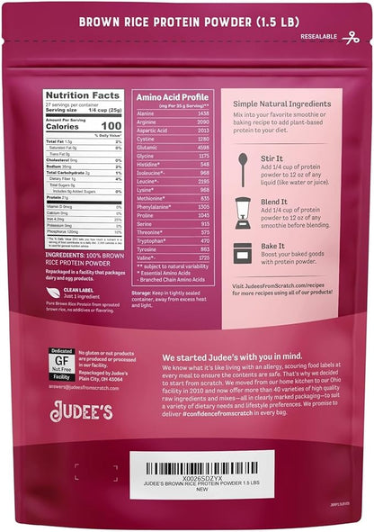 Judee?™s Brown Rice Protein Powder (80% Protein) 1.5 lb - Non-GMO Sprouted - Keto-Friendly, Dairy, Gluten & Soy-Free - Plant-Based