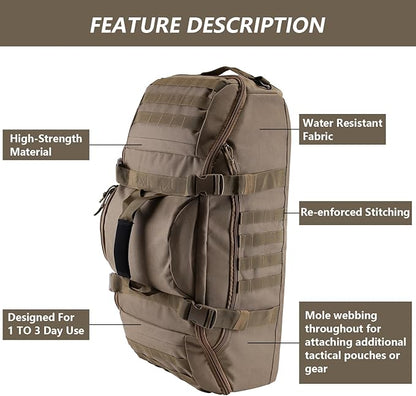 65L Large Duffle Bag, 3-in-1 Tactical Backpack MOLLE Pack for Sports, Gym, Outdoor, Coyote