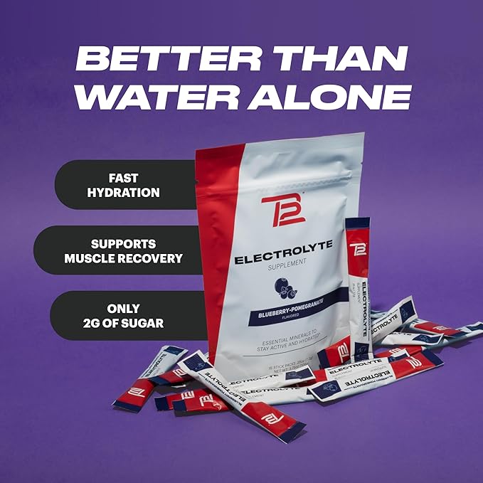 TB12 Electrolytes Powder Packets Blueberry Pomegranate ??Mineral-Rich Electrolyte Powder for Fast Hydration by Tom Brady - Natural, Low Sugar, Vegan, Gluten-Free, Easy to Mix - 15 Stickpacks