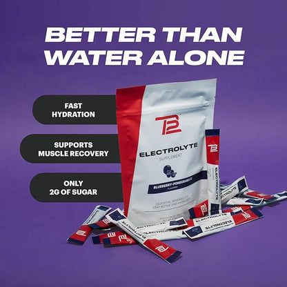 TB12 Electrolytes Powder Packets Blueberry Pomegranate ??Mineral-Rich Electrolyte Powder for Fast Hydration by Tom Brady - Natural, Low Sugar, Vegan, Gluten-Free, Easy to Mix - 15 Stickpacks