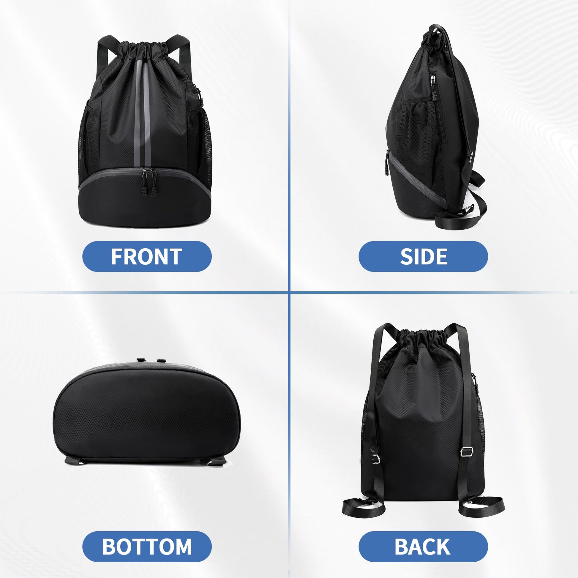 JELUTAR Drawstring Backpack Gym Bag with Shoes Compartment, Black