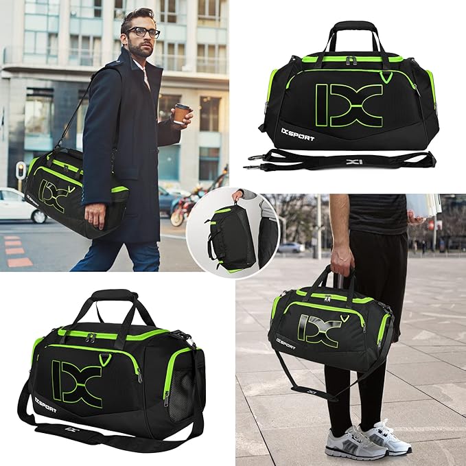 Sports Gym Bag，INOXTO Travel Duffel Bag with Dry Wet Pocket And Shoe CompartmentFor Women and Men，40L/55L Fitness Waterproof Weekender Bag For Swim Sports Travel Working Out (Black green, 40L)