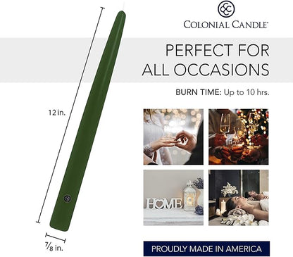Colonial Candle Unscented Taper Candle, Handipt Collection, Evergreen, 12 in, Pack of 12 - Up to 10 Hours Burn