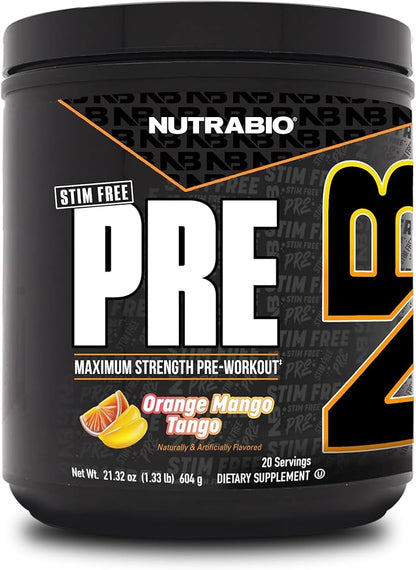 NutraBio STIM-Free PRE Workout for Men, New Formula | Laser Focus, Extreme Pumps | Performance, Endurance | 10g Citrulline, Beta Alanine, Nitrates, Nootropics, Electrolytes - 20 Servings Orange Mango