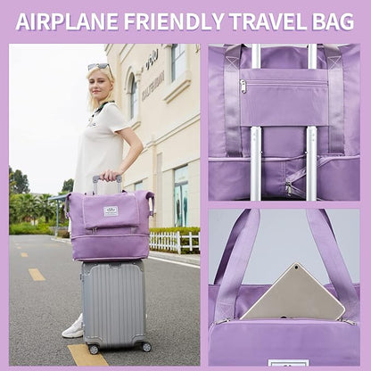 Expandable Travel Duffel Tote Bag - Foldable Overnight Weekender, Carry-On, Swim & Gym Bag - Fits Spirit Airlines Personal Item Size - Lightweight, Waterproof & Durable with Trolley Sleeve,Purple