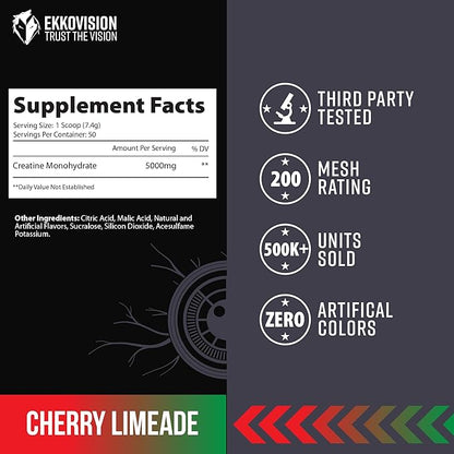 Ekkovision Creatine Monohydrate Powder, Micronized, Cherry Limeade, Pre Workout & Post Workout Supplement for Men & Women, Energy Support, Easy to Mix in Shakes, Smoothies & Beverages, 50 Servings