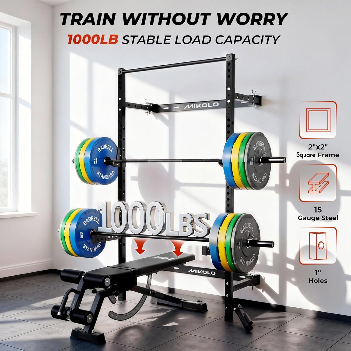 Mikolo 2" x 2" Folding Wall Mounted Squat Rack, 1000 Pounds Capacity Power Rack with Safety