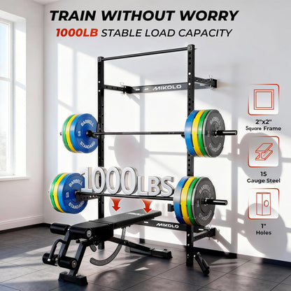 Mikolo 2" x 2" Folding Wall Mounted Squat Rack, 1000 Pounds Capacity Power Rack with Safety