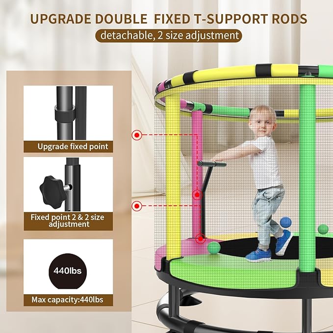 Trampoline for Kids, Full Anti-Rust 440lbs Anti-Rollover Round Bottom Toddler Trampoline, T-handrail Adjustable Baby Toddler Trampolines Dart Board