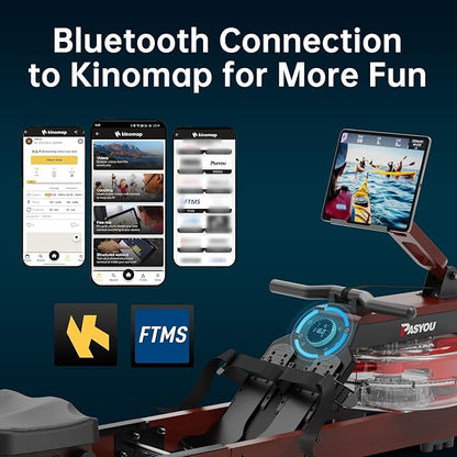 PASYOU Water Rowing Machines for Home Oak Wood Foldable Rower Machine 350LB Weight Capacity, 6 Levels Adjustable Row Machines with Monitor & Device Holder & 14L Tank, Bluetooth with Kinomap APP