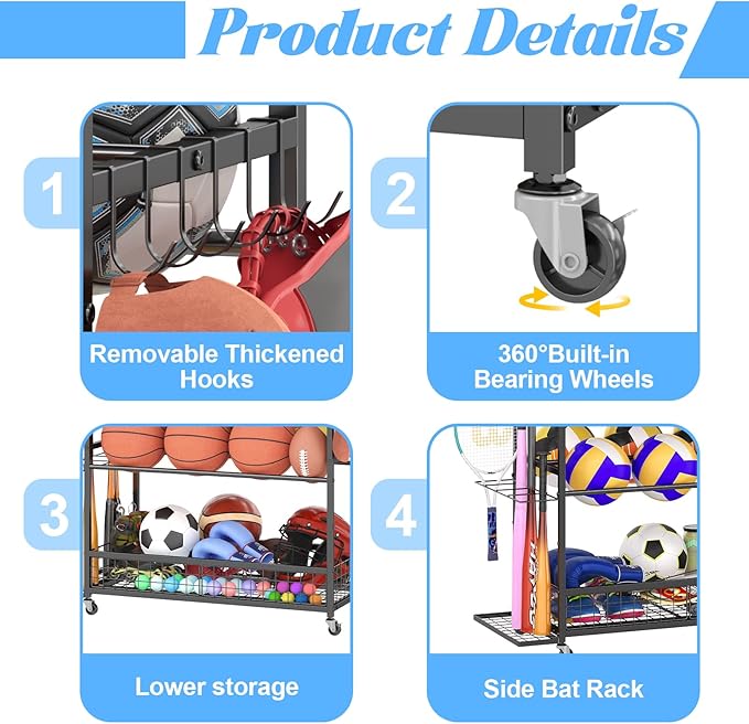 Garage Sports Equipment Storage Rack,Wheeled Sports Ball Storage Box,Double-Tier Double-Row Basketball Hoop Holds 16+ Balls,Ball Rack with Baseball Bat Holder and Hooks-Black