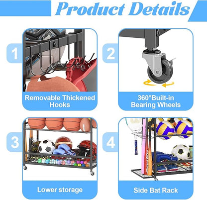 Garage Sports Equipment Storage Rack,Wheeled Sports Ball Storage Box,Double-Tier Double-Row Basketball Hoop Holds 16+ Balls,Ball Rack with Baseball Bat Holder and Hooks-Black