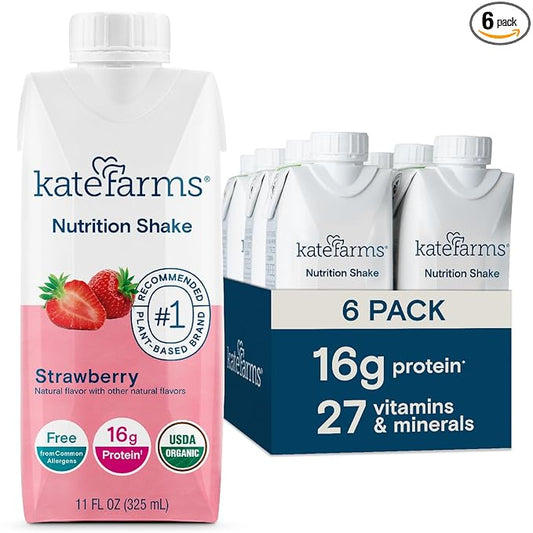 KATE FARMS Organic Nutrition Shake, Strawberry, 16g of Protein, 27 Vitamins and Minerals, Meal