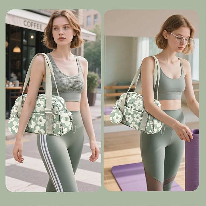 CAMTOP Mini Gym Bag for Women, Small Gym Tote Bag Puffy Quilted Sports Duffel Bag with Wet Compartment and Coin Purse Duffel Bags Dance Yoga Workout Bag