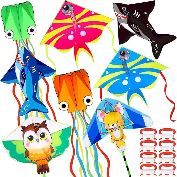 8 Pack Kites for Kids Octopus Fish Shark Owl Squirrel Pattern with 8 Pcs 109 Yard Kite String Large Easy to Fly for Children Adults Spring Outdoor Beach Games