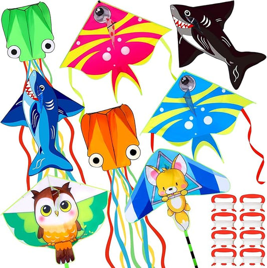 8 Pack Kites for Kids Octopus Fish Shark Owl Squirrel Pattern with 8 Pcs 109 Yard Kite String Large Easy to Fly for Children Adults Spring Outdoor Beach Games