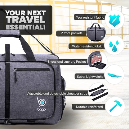 Bago Foldable Duffel Bags for Traveling Women & Men - 40L Sports Packable Duffle Bag for Travel with Shoe Compartment - Water Repellant, Heavy Duty, Lightweight Folding & Collapsible (SnowBlack)