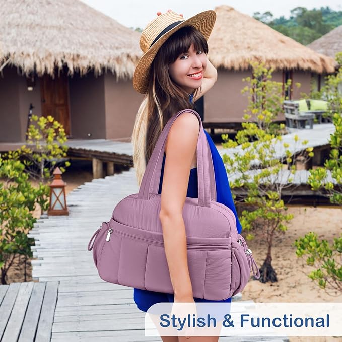 TOPDesign Travel Duffel Bag for Women, Puffer Gym Bag Sports Tote with Wet Pocket, Carry On Weekender with Luggage Sleeve (Purple)