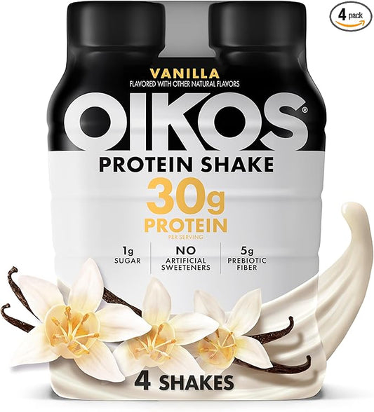 Oikos Protein Shake, Vanilla, 30g High Protein Drinks, Shelf Stable, Ready to Drink, 5g Prebiotic