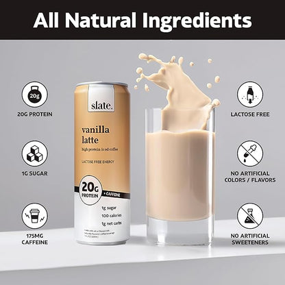 Slate Milk - High Protein Iced Coffee - Vanilla Latte - 175mg Caffeine, Lactose Free Energy - 20g Protein, 1g Sugar, 100 Calories, 1g Net Carbs, No Sugar Added - Protein Coffee - 11 fl oz, 24 Cans