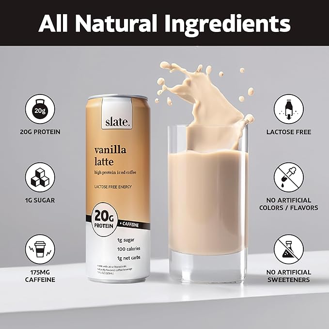 Slate Milk - High Protein Iced Coffee - Vanilla Latte - 175mg Caffeine, Lactose Free Energy - 20g Protein, 1g Sugar, 100 Calories, 1g Net Carbs, No Sugar Added - Protein Coffee - 11 fl oz, 12 Cans