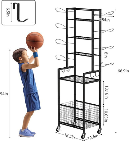 OYEAL Freestanding Ball Rack with Wheels Garage Basketball Storage Cart Outside Sports Equipment Organizer Ball Holder with Storage Baskets for Basketball, Soccer, Volleyball, Football, Black