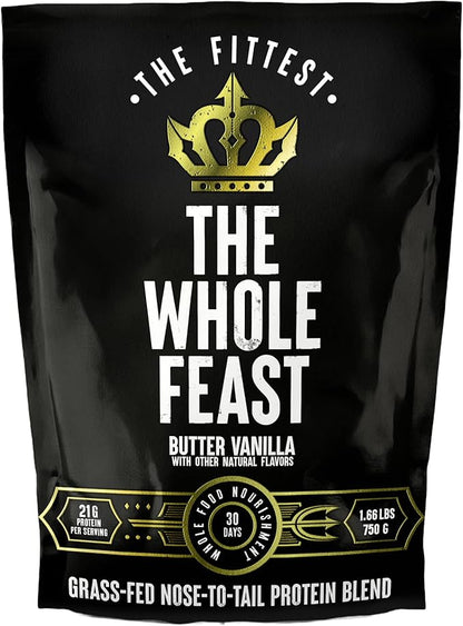 The Fittest Whole Feast Beef Protein Powder - Butter Vanilla - Grass Fed Nose to Tail Carnivore Blend Including Liver, Colostrum and Whole Bone - BCAAs - 14g Collagen - 21g Total Protein